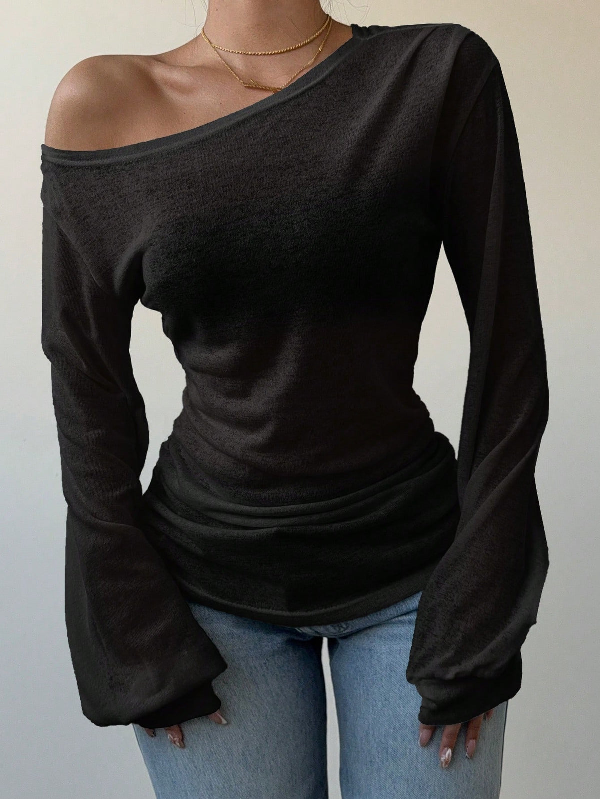 Siren Gaze Women's Baby Pink Autumn Casual Elegant Date Long-Sleeved T-Shirt,Solid Color Slope Collar Off The Shoulder Top,Loose Slouchy See-Through Blouse