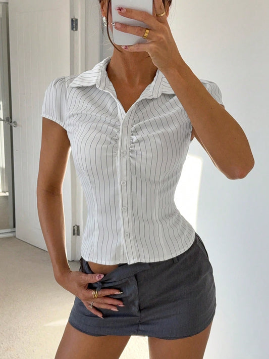 Siren Gaze Women's Casual Preppy White And Black Front Button Waist Shirt, Summer Office School Back-To-School Elegant Teachers' Day