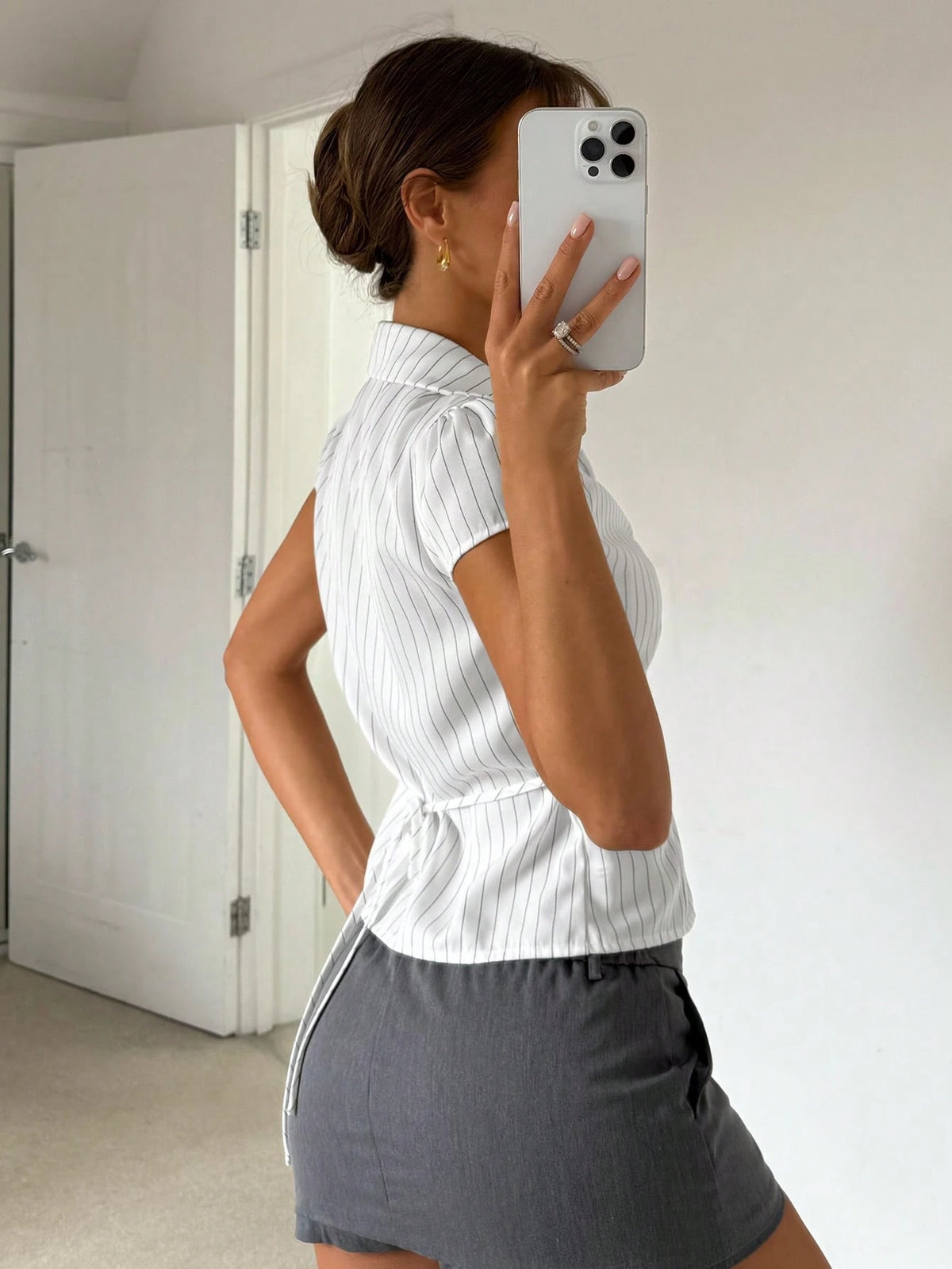Siren Gaze Women's Casual Preppy White And Black Front Button Waist Shirt, Summer Office School Back-To-School Elegant Teachers' Day