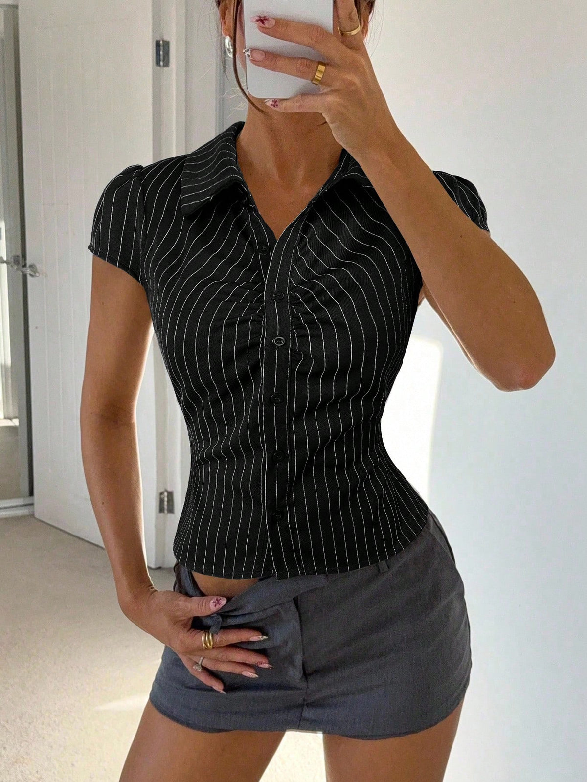 Siren Gaze Women's Casual Preppy White And Black Front Button Waist Shirt, Summer Office School Back-To-School Elegant Teachers' Day