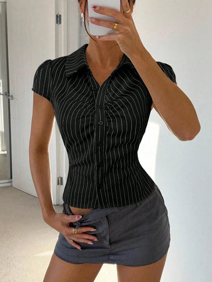 Siren Gaze Women's Casual Preppy White And Black Front Button Waist Shirt, Summer Office School Back-To-School Elegant Teachers' Day