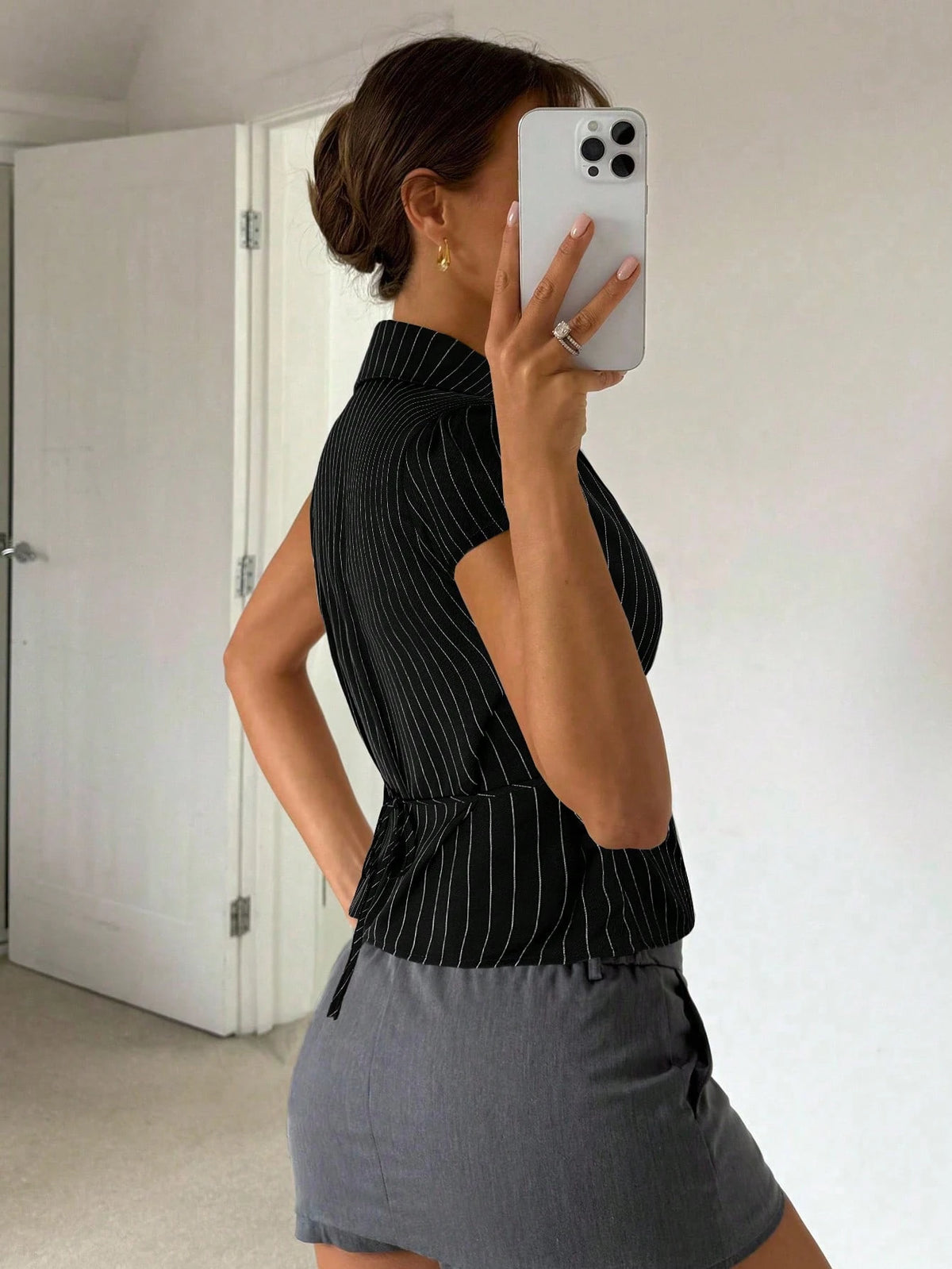 Siren Gaze Women's Casual Preppy White And Black Front Button Waist Shirt, Summer Office School Back-To-School Elegant Teachers' Day