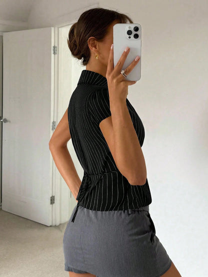 Siren Gaze Women's Casual Preppy White And Black Front Button Waist Shirt, Summer Office School Back-To-School Elegant Teachers' Day