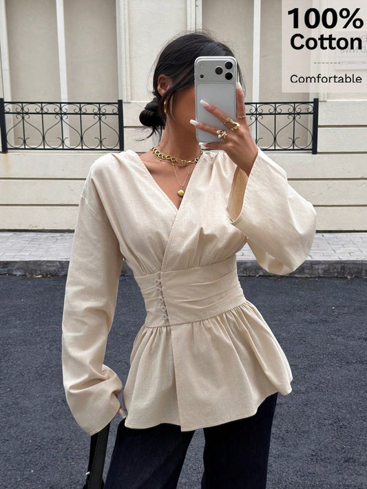 Siren Gaze Women's Elegant Apricot Peplum Blouse,100% Cotton V Neck Bishop Sleeve Cinched Waist Top,Casual Elegant Classy Office Shirt For Autumn,Work & Vacation