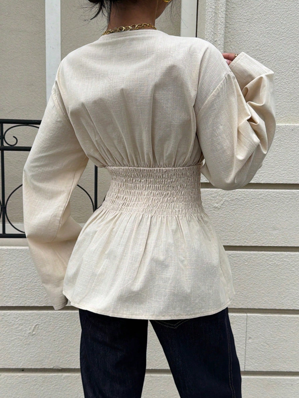 Siren Gaze Women's Elegant Apricot Peplum Blouse,100% Cotton V Neck Bishop Sleeve Cinched Waist Top,Casual Elegant Classy Office Shirt For Autumn,Work & Vacation