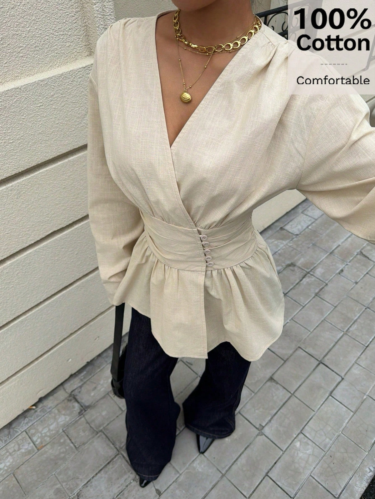 Siren Gaze Women's Elegant Apricot Peplum Blouse,100% Cotton V Neck Bishop Sleeve Cinched Waist Top,Casual Elegant Classy Office Shirt For Autumn,Work & Vacation