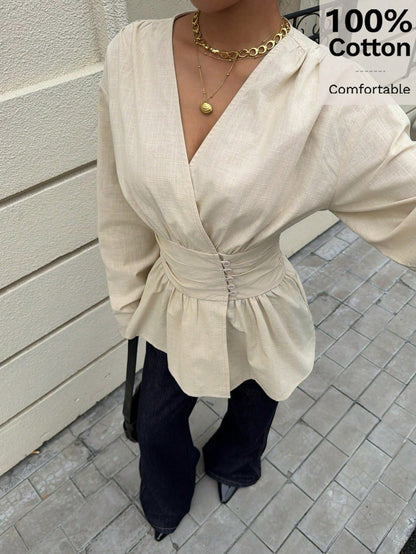 Siren Gaze Women's Elegant Apricot Peplum Blouse,100% Cotton V Neck Bishop Sleeve Cinched Waist Top,Casual Elegant Classy Office Shirt For Autumn,Work & Vacation