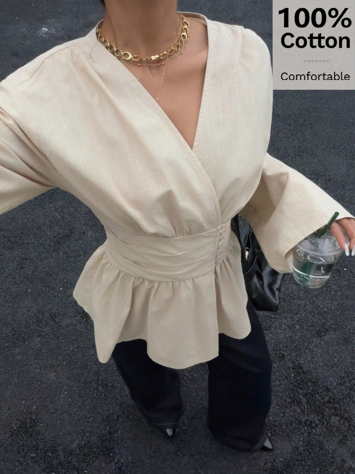 Siren Gaze Women's Elegant Apricot Peplum Blouse,100% Cotton V Neck Bishop Sleeve Cinched Waist Top,Casual Elegant Classy Office Shirt For Autumn,Work & Vacation