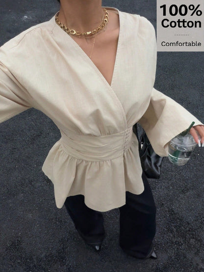 Siren Gaze Women's Elegant Apricot Peplum Blouse,100% Cotton V Neck Bishop Sleeve Cinched Waist Top,Casual Elegant Classy Office Shirt For Autumn,Work & Vacation