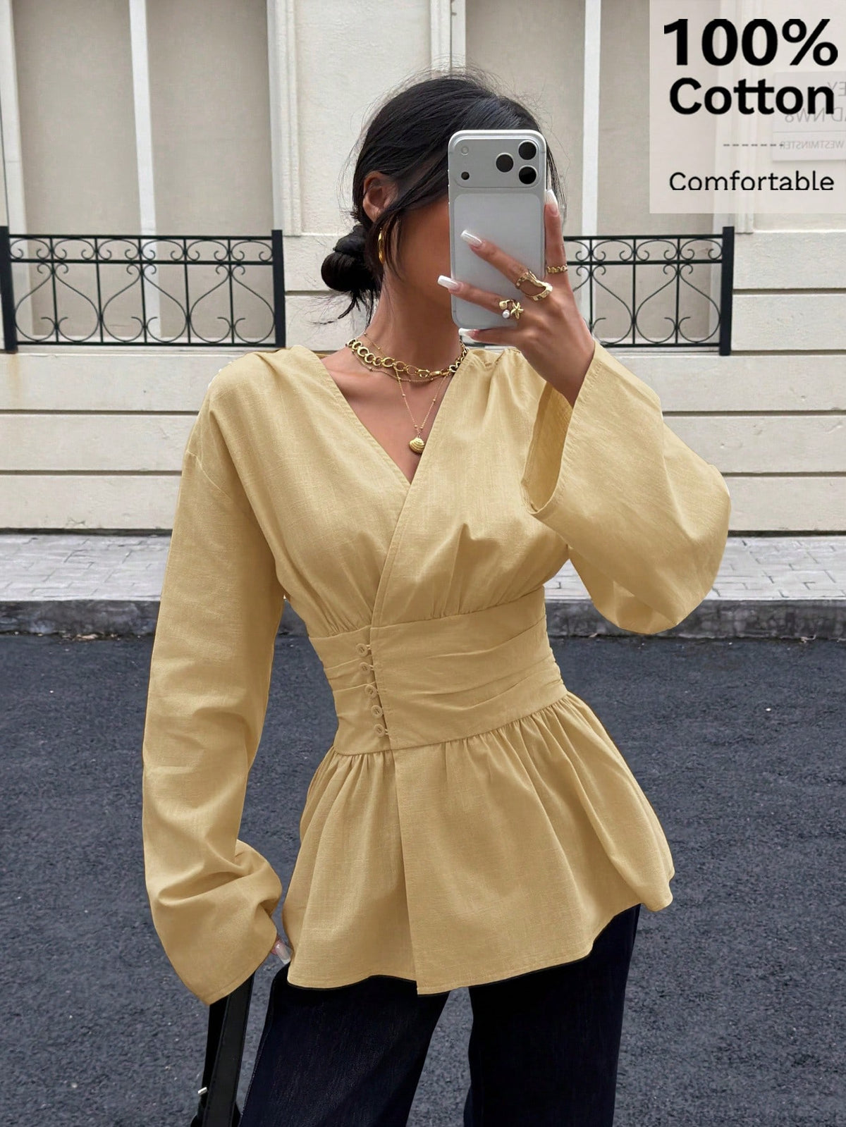 Siren Gaze Women's Elegant Apricot Peplum Blouse,100% Cotton V Neck Bishop Sleeve Cinched Waist Top,Casual Elegant Classy Office Shirt For Autumn,Work & Vacation
