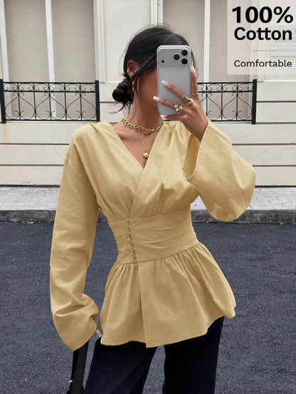 Siren Gaze Women's Elegant Apricot Peplum Blouse,100% Cotton V Neck Bishop Sleeve Cinched Waist Top,Casual Elegant Classy Office Shirt For Autumn,Work & Vacation