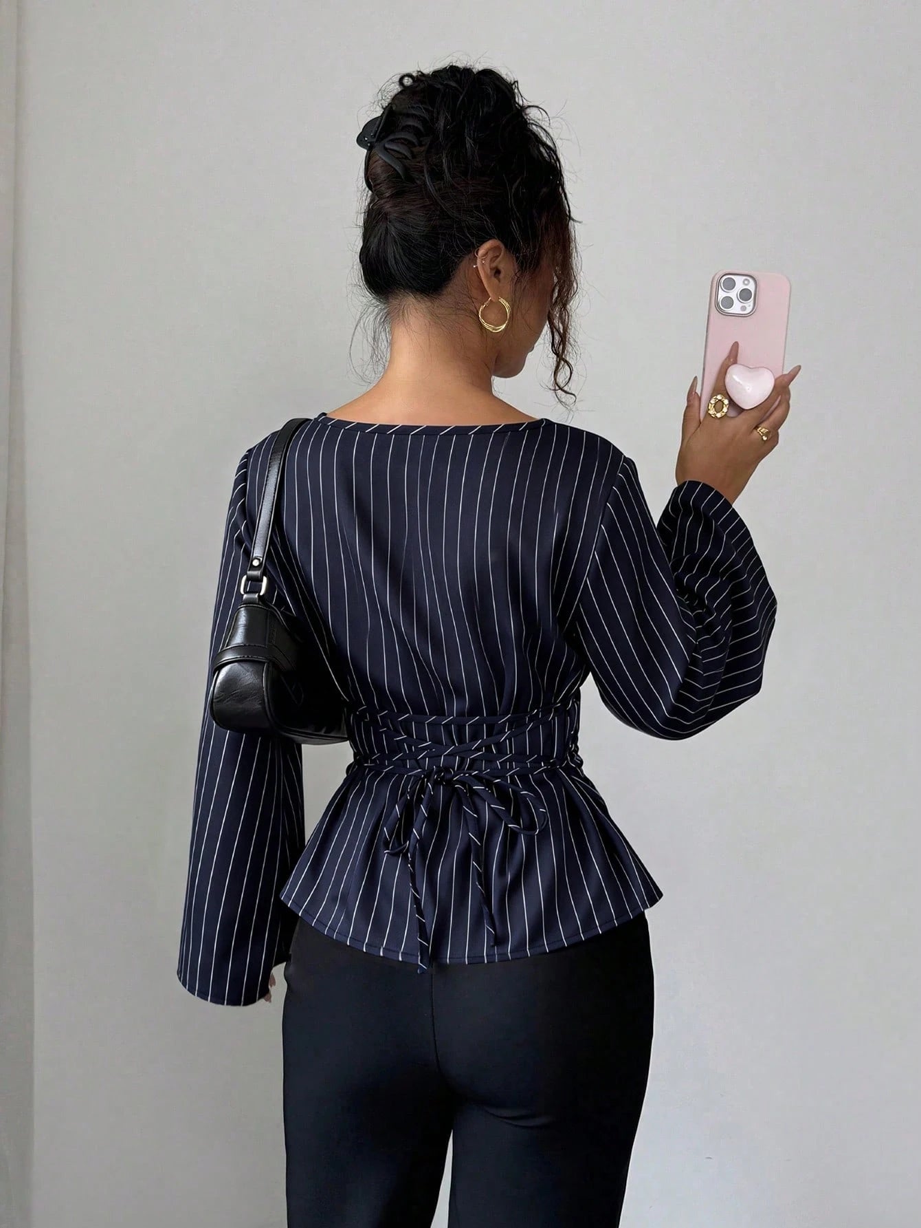 Siren Gaze Women's Elegant Navy Blue Striped Boat Neck Bell Sleeve Peplum Blouse, Autumn And Office Work Fashion Fitted Shirt, Business Casual Commuter Tops