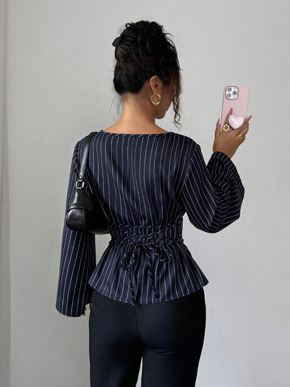 Siren Gaze Women's Elegant Navy Blue Striped Boat Neck Bell Sleeve Peplum Blouse, Autumn And Office Work Fashion Fitted Shirt, Business Casual Commuter Tops
