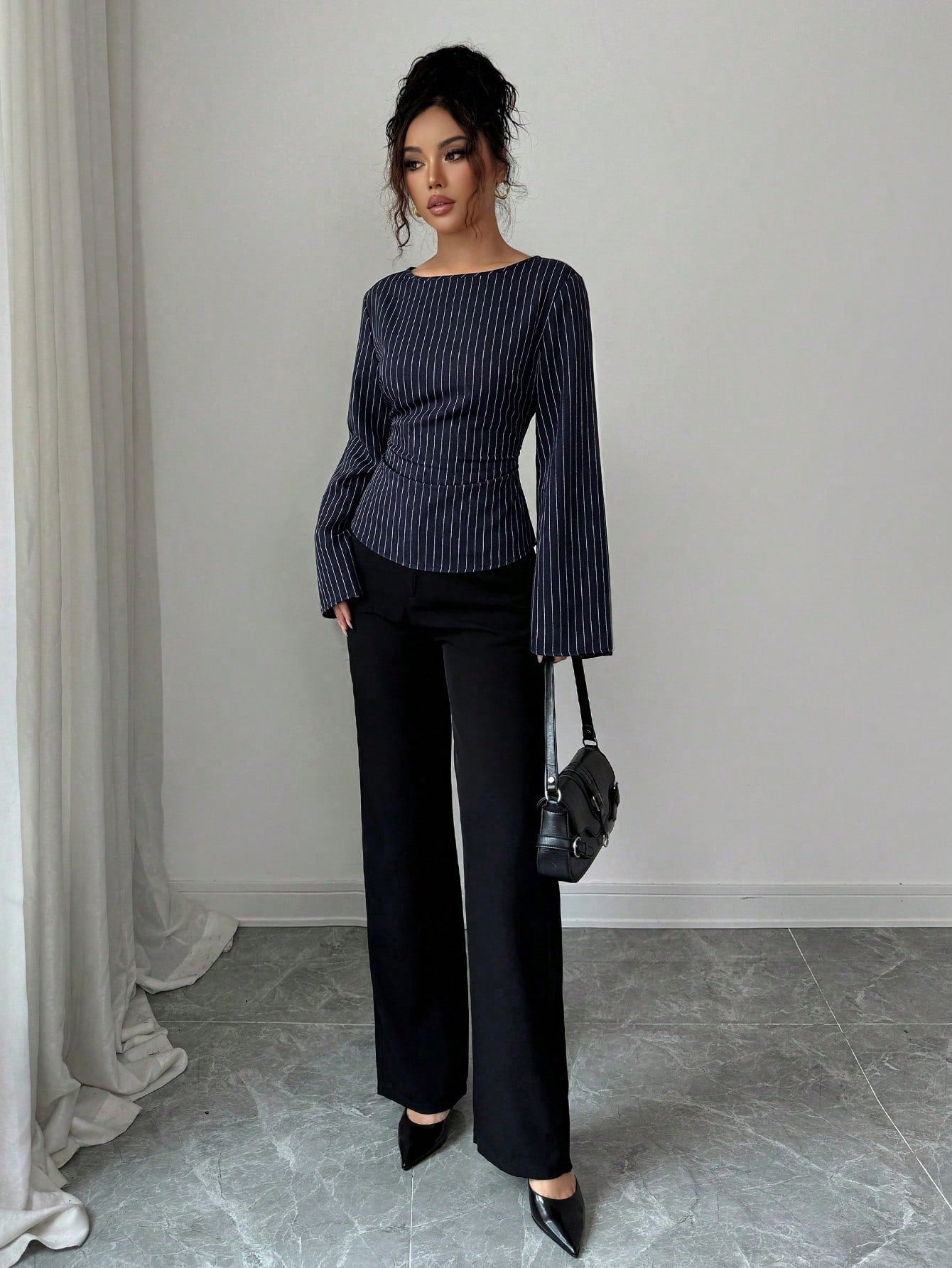 Siren Gaze Women's Elegant Navy Blue Striped Boat Neck Bell Sleeve Peplum Blouse, Autumn And Office Work Fashion Fitted Shirt, Business Casual Commuter Tops