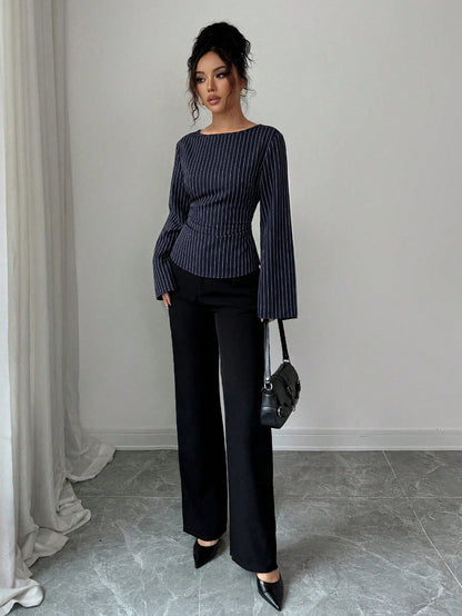 Siren Gaze Women's Elegant Navy Blue Striped Boat Neck Bell Sleeve Peplum Blouse, Autumn And Office Work Fashion Fitted Shirt, Business Casual Commuter Tops
