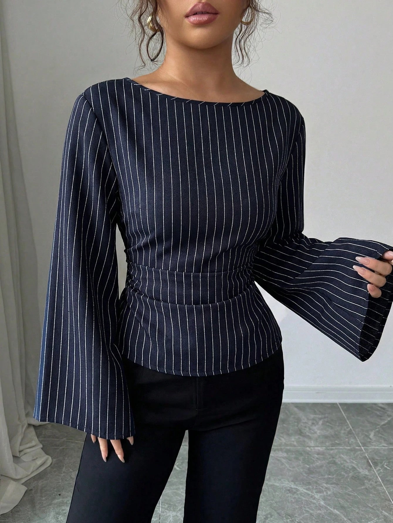 Siren Gaze Women's Elegant Navy Blue Striped Boat Neck Bell Sleeve Peplum Blouse, Autumn And Office Work Fashion Fitted Shirt, Business Casual Commuter Tops