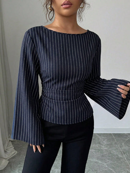 Siren Gaze Women's Elegant Navy Blue Striped Boat Neck Bell Sleeve Peplum Blouse, Autumn And Office Work Fashion Fitted Shirt, Business Casual Commuter Tops