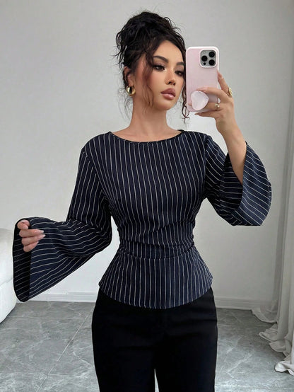 Siren Gaze Women's Elegant Navy Blue Striped Boat Neck Bell Sleeve Peplum Blouse, Autumn And Office Work Fashion Fitted Shirt, Business Casual Commuter Tops