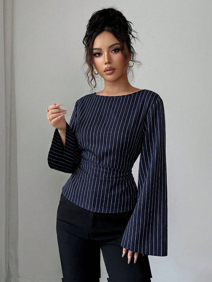 Siren Gaze Women's Elegant Navy Blue Striped Boat Neck Bell Sleeve Peplum Blouse, Autumn And Office Work Fashion Fitted Shirt, Business Casual Commuter Tops