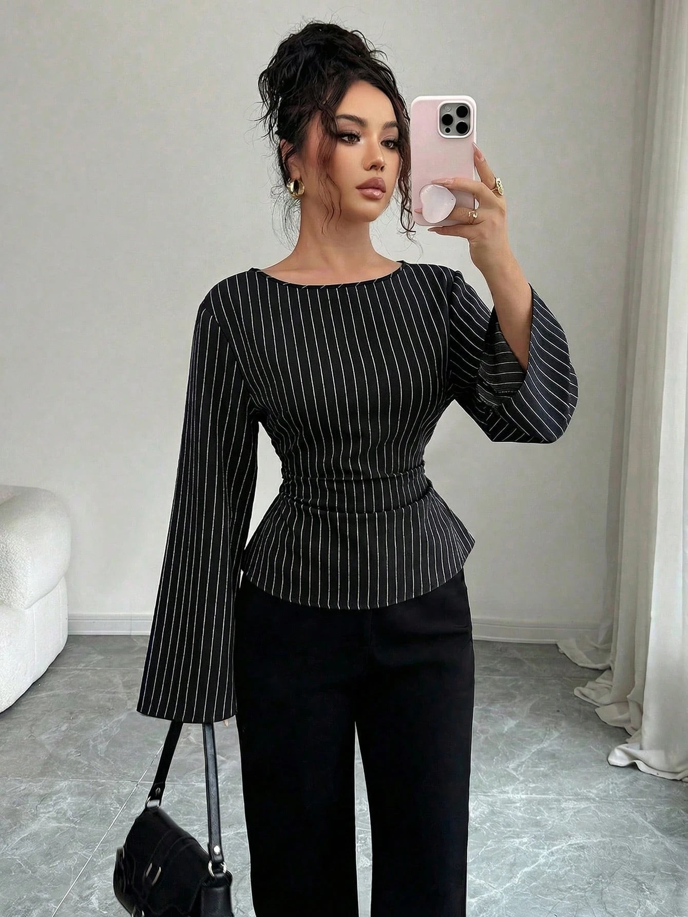 Siren Gaze Women's Elegant Navy Blue Striped Boat Neck Bell Sleeve Peplum Blouse, Autumn And Office Work Fashion Fitted Shirt, Business Casual Commuter Tops