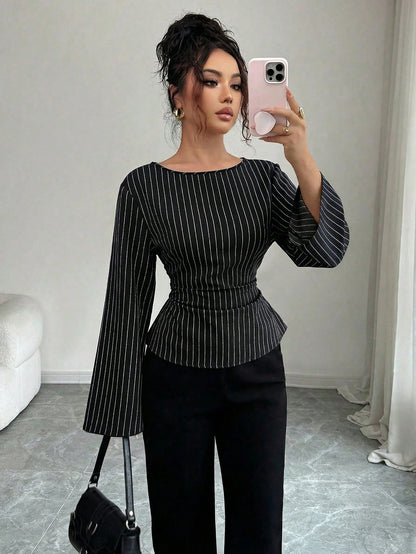 Siren Gaze Women's Elegant Navy Blue Striped Boat Neck Bell Sleeve Peplum Blouse, Autumn And Office Work Fashion Fitted Shirt, Business Casual Commuter Tops