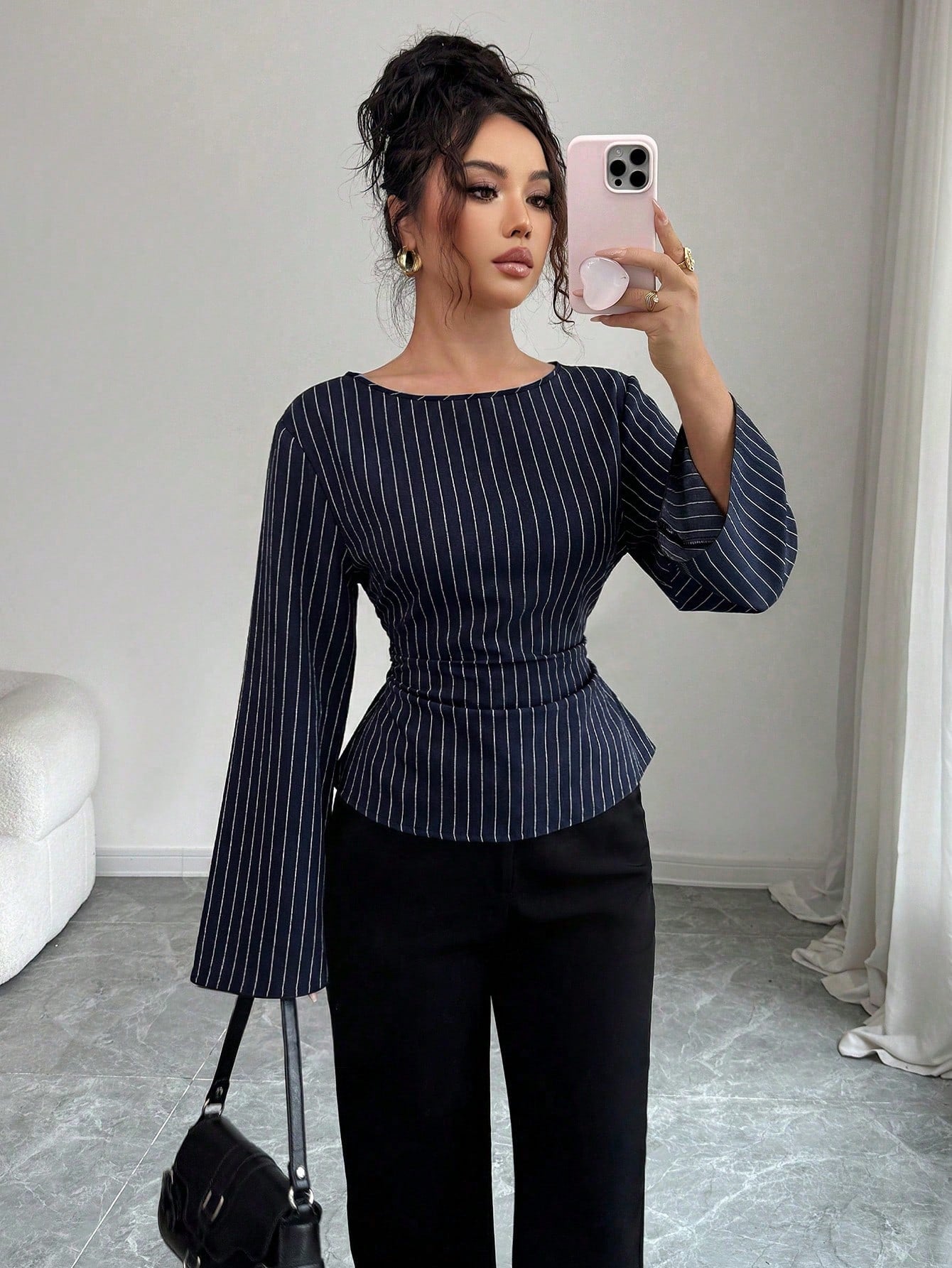 Siren Gaze Women's Elegant Navy Blue Striped Boat Neck Bell Sleeve Peplum Blouse, Autumn And Office Work Fashion Fitted Shirt, Business Casual Commuter Tops