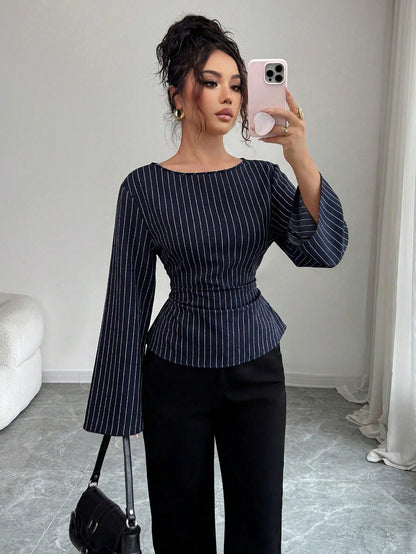 Siren Gaze Women's Elegant Navy Blue Striped Boat Neck Bell Sleeve Peplum Blouse, Autumn And Office Work Fashion Fitted Shirt, Business Casual Commuter Tops