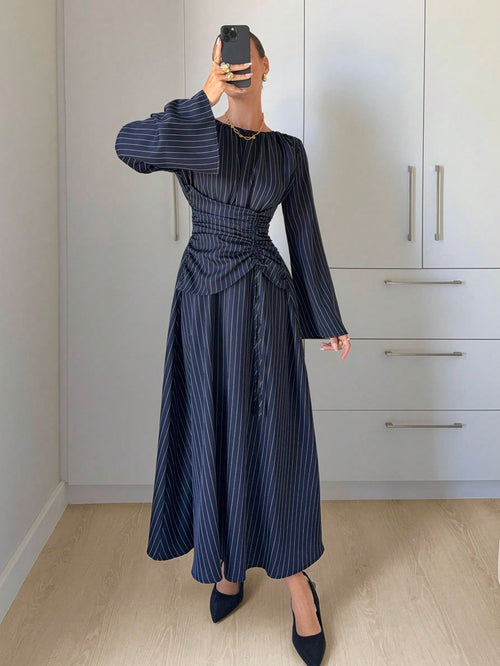 Siren Gaze Women's Navy Blue Minimalist Long Sleeve Dress, Casual Everyday Wear Autumn,Dresses For Women Elegant Teachers' Day Office