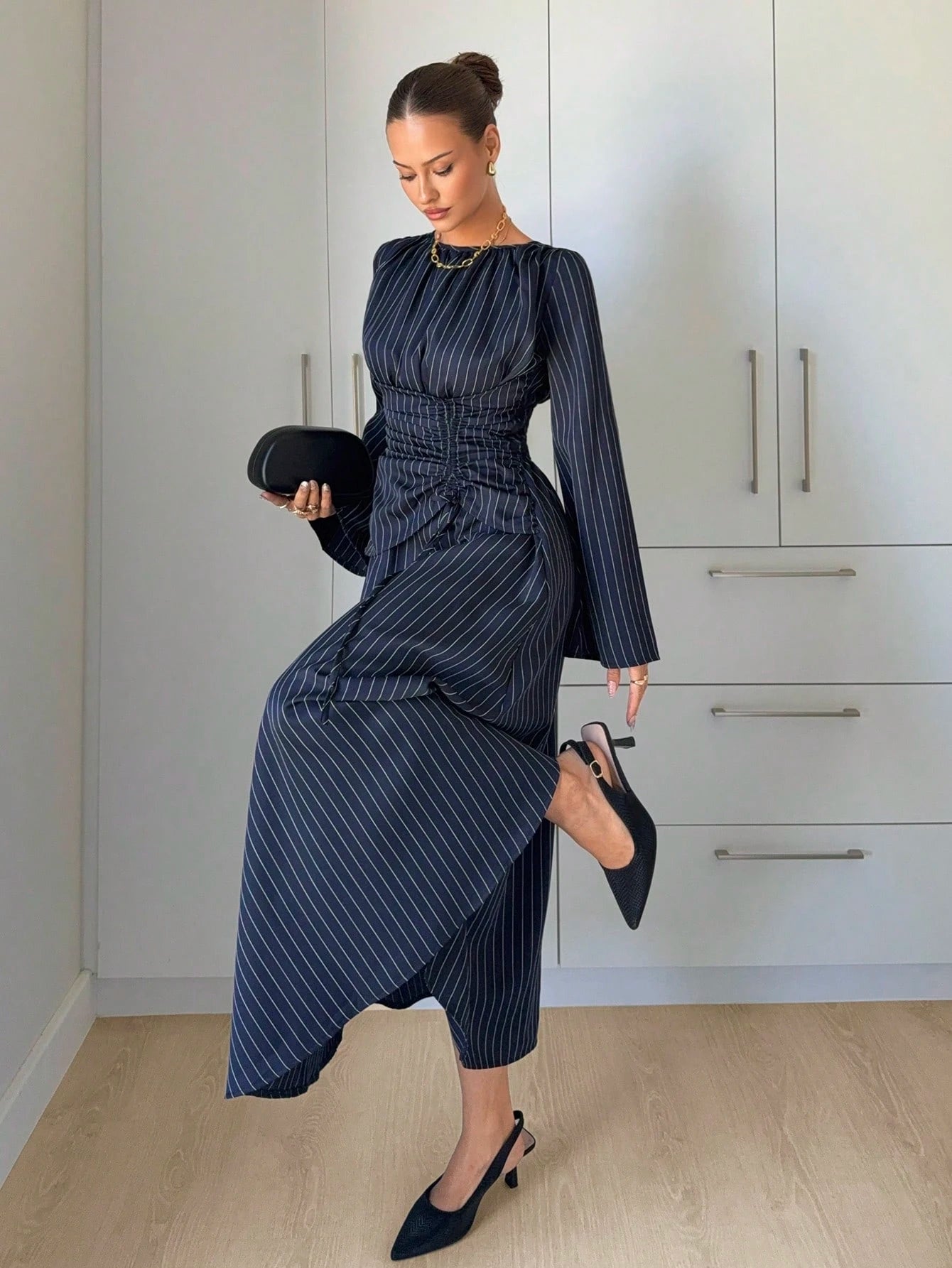 Siren Gaze Women's Navy Blue Minimalist Long Sleeve Dress, Casual Everyday Wear Autumn,Dresses For Women Elegant Teachers' Day Office