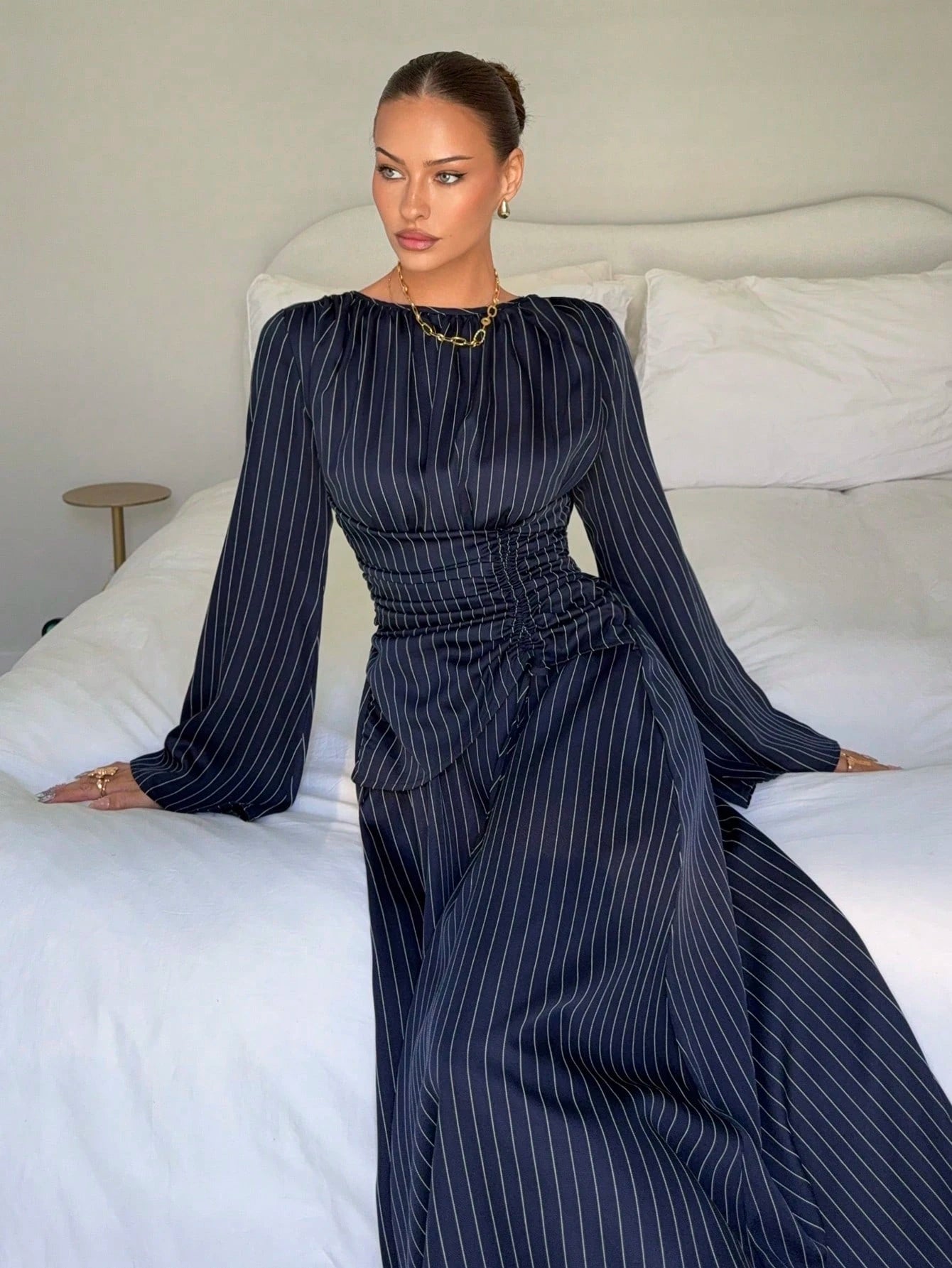 Siren Gaze Women's Navy Blue Minimalist Long Sleeve Dress, Casual Everyday Wear Autumn,Dresses For Women Elegant Teachers' Day Office