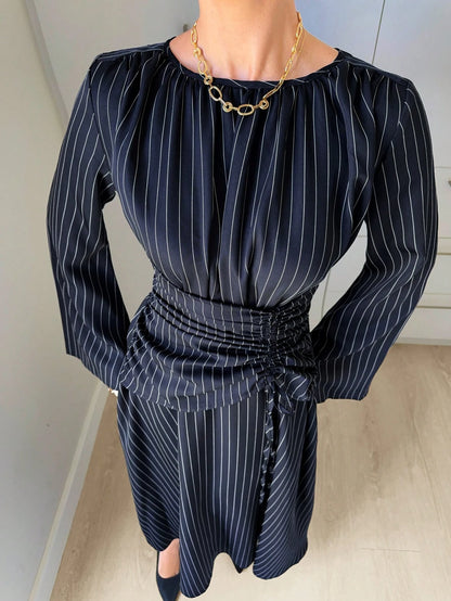 Siren Gaze Women's Navy Blue Minimalist Long Sleeve Dress, Casual Everyday Wear Autumn,Dresses For Women Elegant Teachers' Day Office