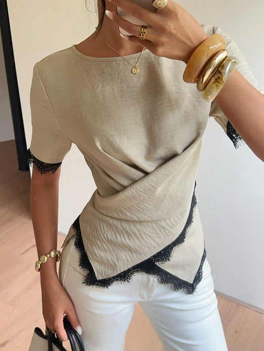 Siren Gaze Women's Short-Sleeved Top With Irregular Lace Trim, Made Of Lightweight And Flowing Linen Fabric, Versatile For Commuting Elegant Brunch Beige