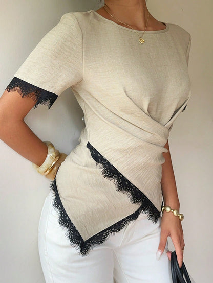 Siren Gaze Women's Short-Sleeved Top With Irregular Lace Trim, Made Of Lightweight And Flowing Linen Fabric, Versatile For Commuting Elegant Brunch Beige