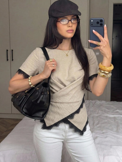 Siren Gaze Women's Short-Sleeved Top With Irregular Lace Trim, Made Of Lightweight And Flowing Linen Fabric, Versatile For Commuting Elegant Brunch Beige