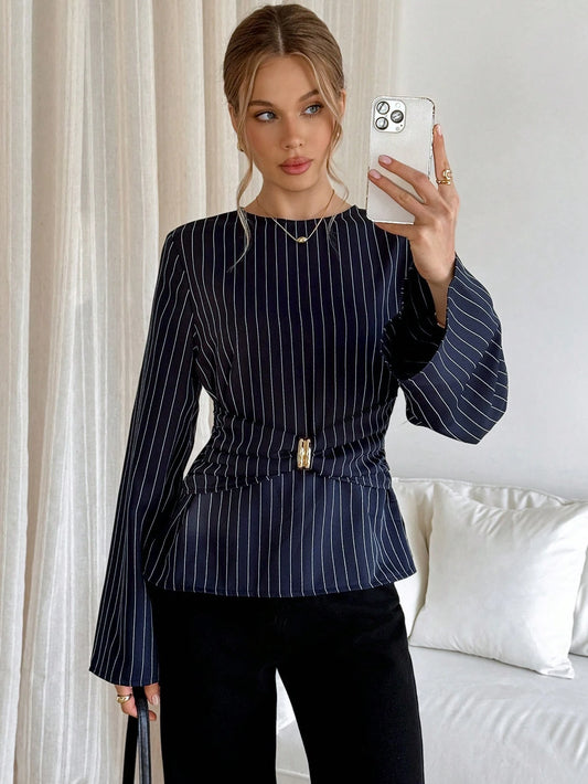 Siren Gaze Women's Striped Print Metal Ring Decor Bell Long Sleeve Blouse,Elegant Navy Blue Shirt For Work,Autumn And Business Casual Office Wrap Tops