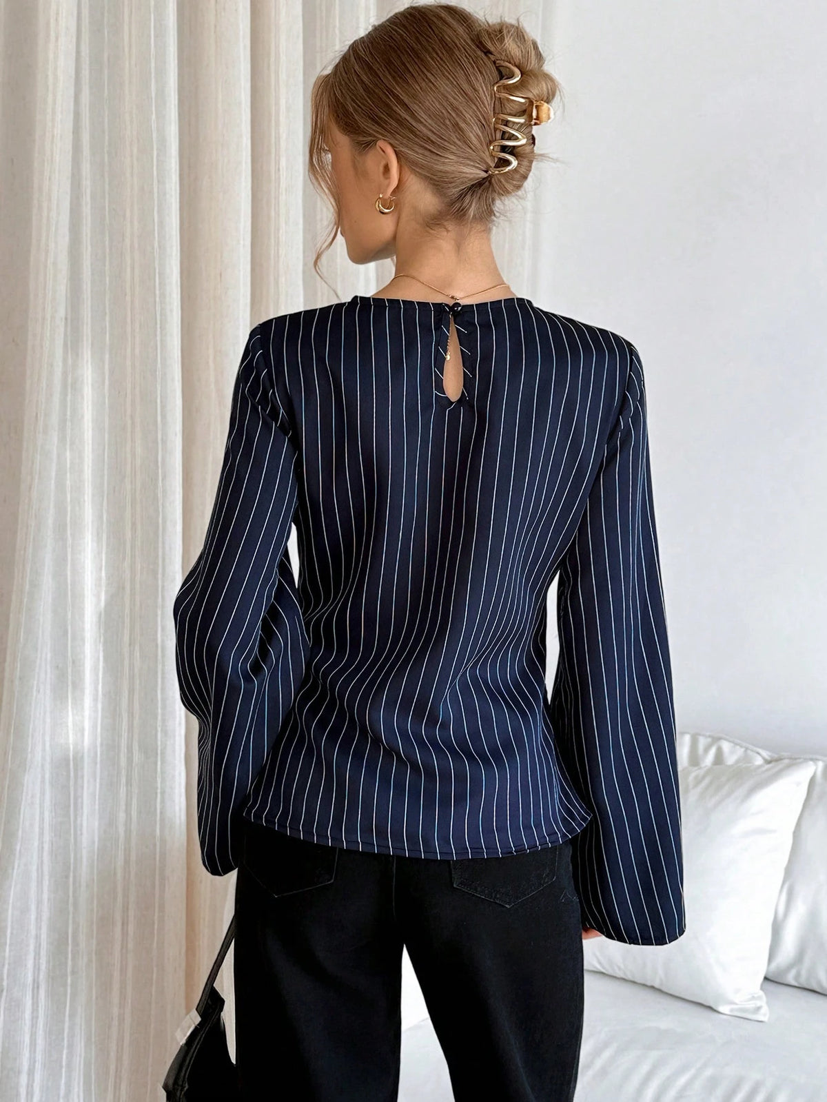 Siren Gaze Women's Striped Print Metal Ring Decor Bell Long Sleeve Blouse,Elegant Navy Blue Shirt For Work,Autumn And Business Casual Office Wrap Tops