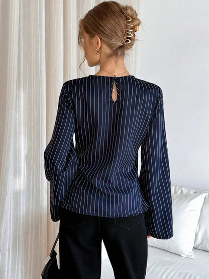 Siren Gaze Women's Striped Print Metal Ring Decor Bell Long Sleeve Blouse,Elegant Navy Blue Shirt For Work,Autumn And Business Casual Office Wrap Tops