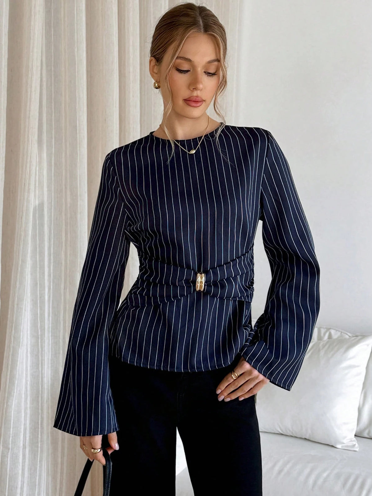 Siren Gaze Women's Striped Print Metal Ring Decor Bell Long Sleeve Blouse,Elegant Navy Blue Shirt For Work,Autumn And Business Casual Office Wrap Tops
