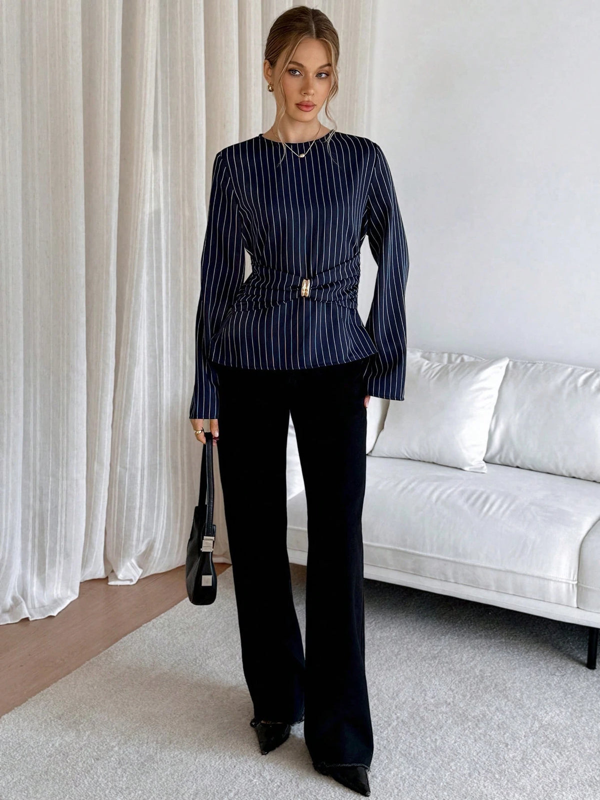 Siren Gaze Women's Striped Print Metal Ring Decor Bell Long Sleeve Blouse,Elegant Navy Blue Shirt For Work,Autumn And Business Casual Office Wrap Tops