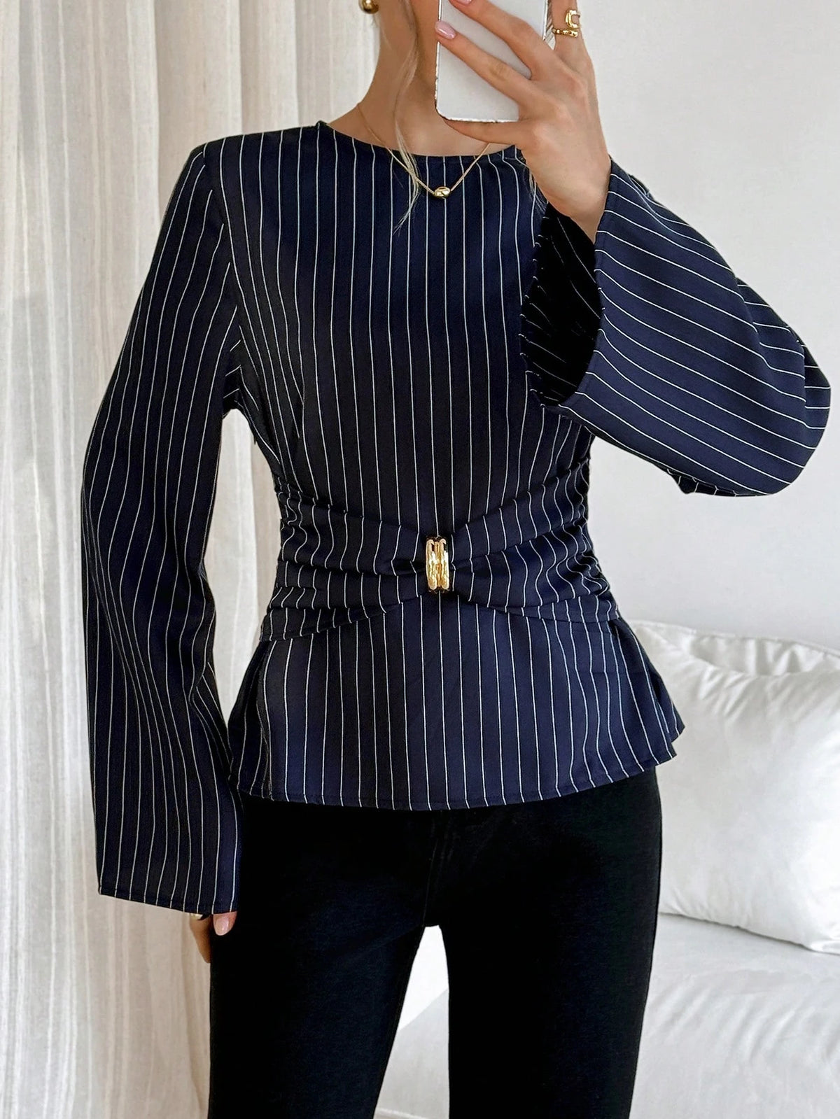 Siren Gaze Women's Striped Print Metal Ring Decor Bell Long Sleeve Blouse,Elegant Navy Blue Shirt For Work,Autumn And Business Casual Office Wrap Tops