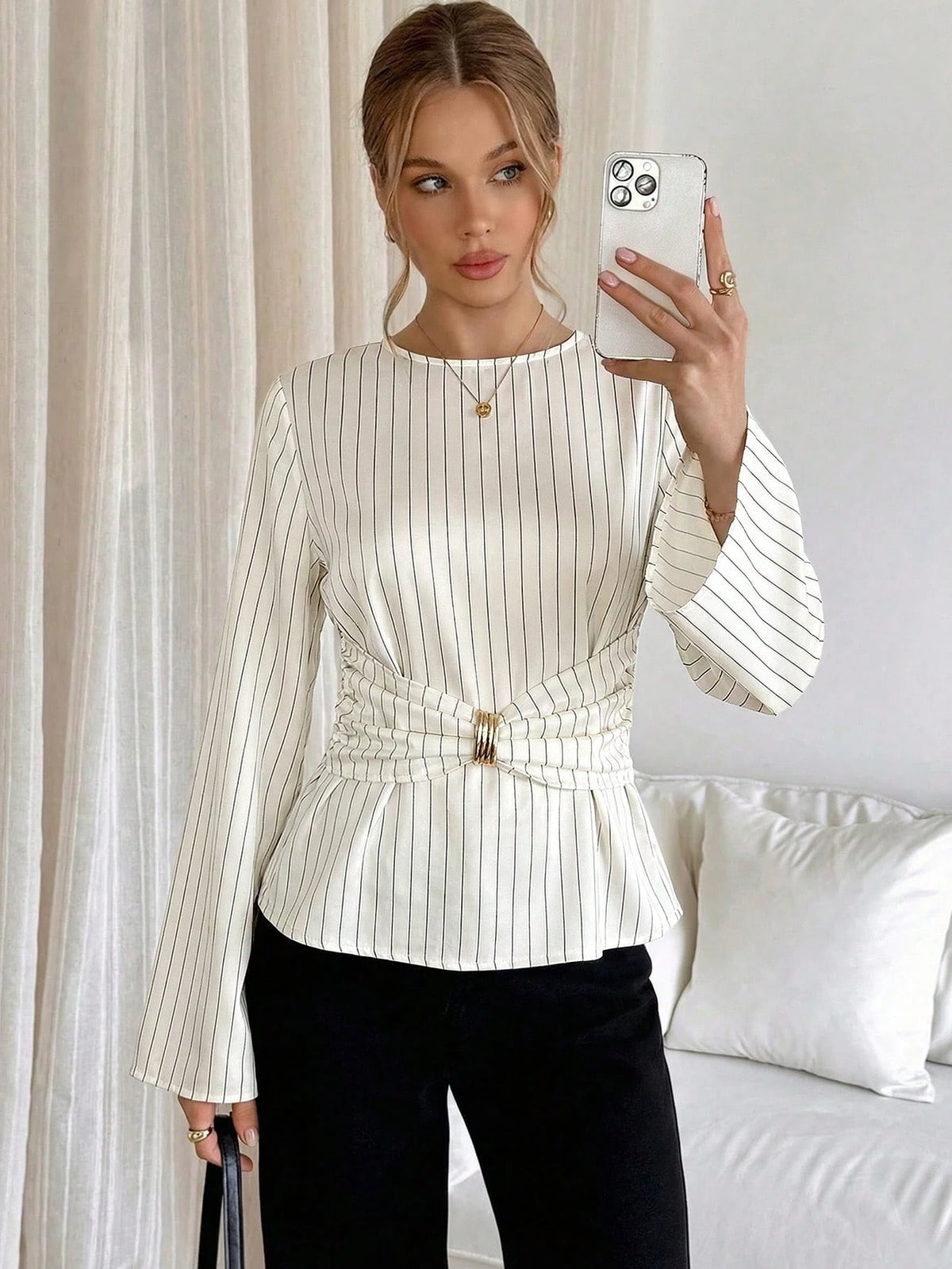 Siren Gaze Women's Striped Print Metal Ring Decor Bell Long Sleeve Blouse,Elegant Navy Blue Shirt For Work,Autumn And Business Casual Office Wrap Tops