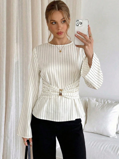Siren Gaze Women's Striped Print Metal Ring Decor Bell Long Sleeve Blouse,Elegant Navy Blue Shirt For Work,Autumn And Business Casual Office Wrap Tops