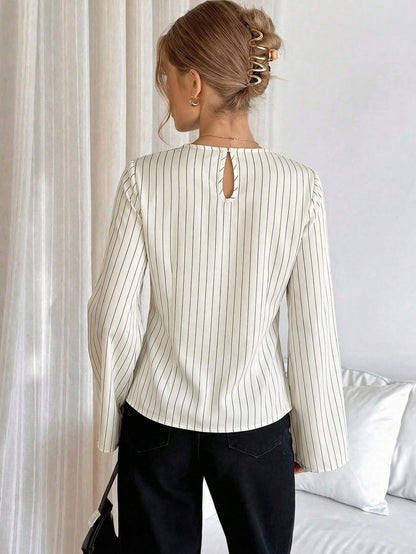 Siren Gaze Women's Striped Print Metal Ring Decor Bell Long Sleeve Blouse,Elegant Navy Blue Shirt For Work,Autumn And Business Casual Office Wrap Tops