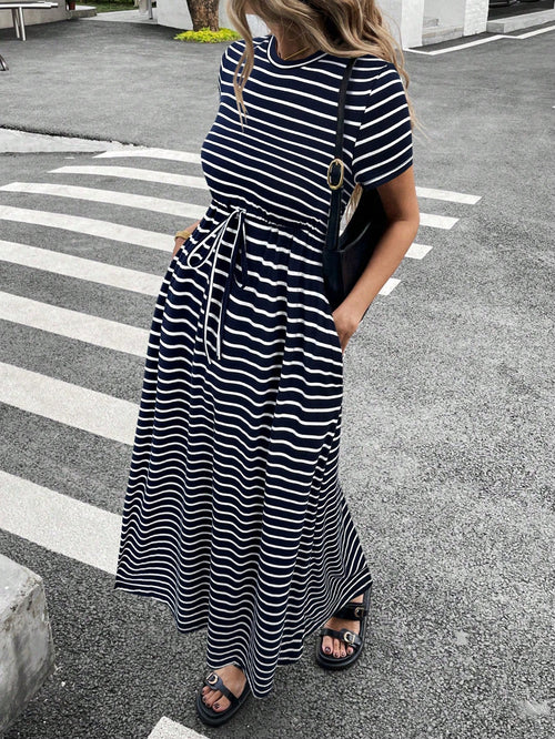 Siren Gaze Women Striped Crew Neck Short Sleeve Drawstring Waist Casual Midi Dress,Dresses For Women Summer Vacation Holiday Resort