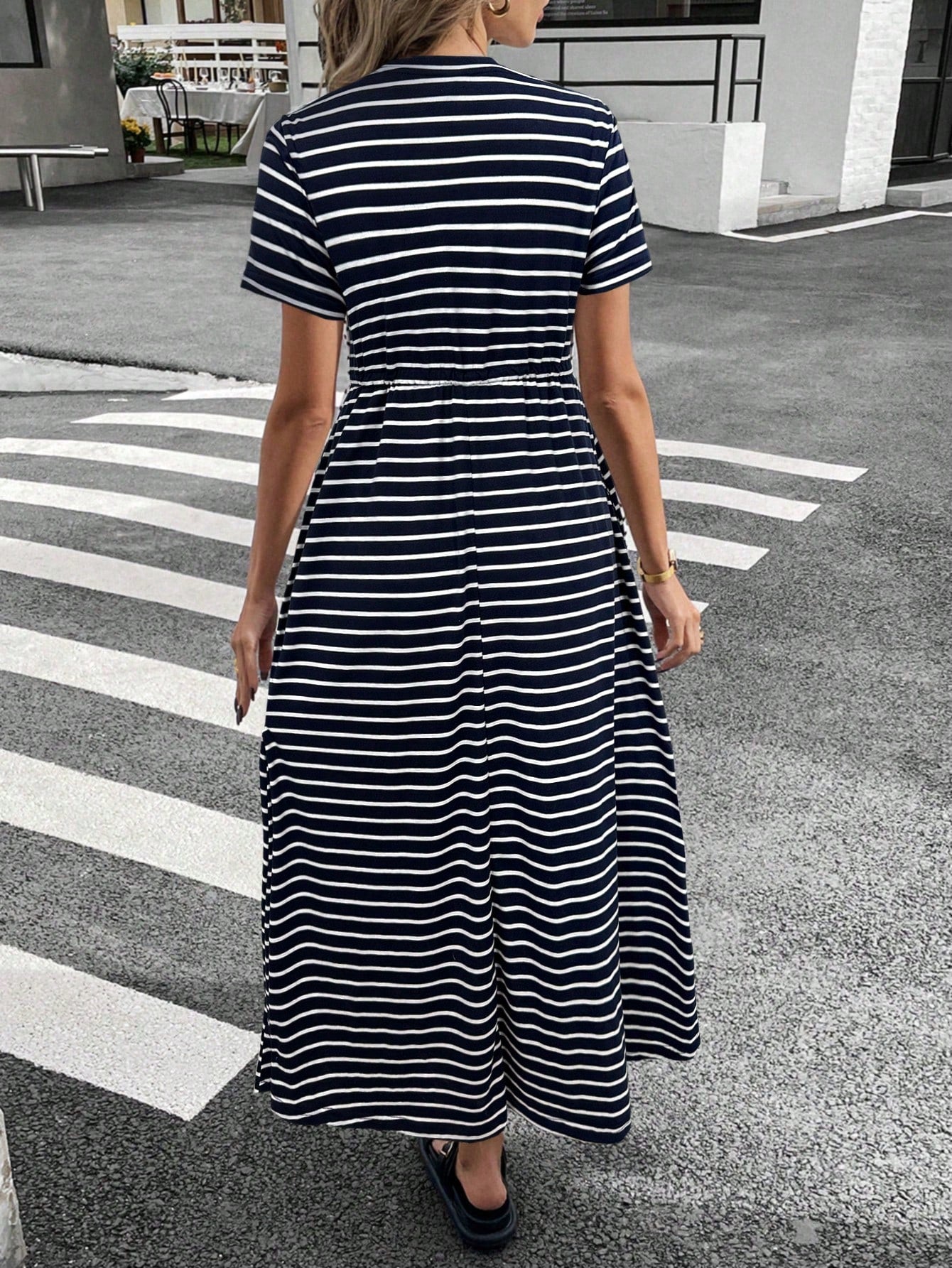 Siren Gaze Women Striped Crew Neck Short Sleeve Drawstring Waist Casual Midi Dress,Dresses For Women Summer Vacation Holiday Resort