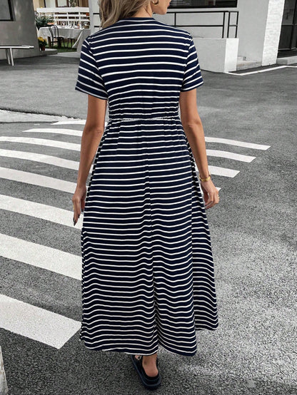 Siren Gaze Women Striped Crew Neck Short Sleeve Drawstring Waist Casual Midi Dress,Dresses For Women Summer Vacation Holiday Resort