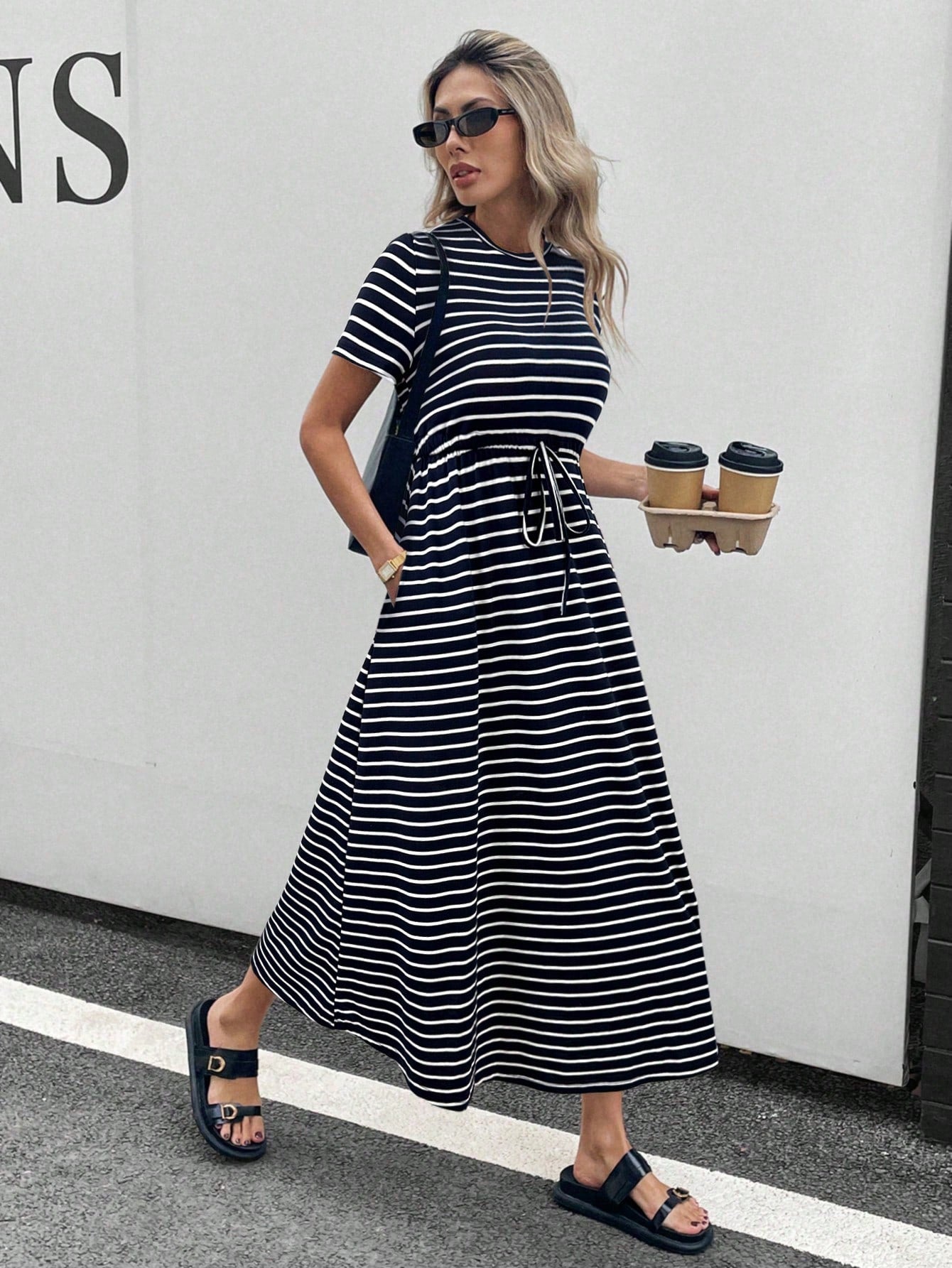 Siren Gaze Women Striped Crew Neck Short Sleeve Drawstring Waist Casual Midi Dress,Dresses For Women Summer Vacation Holiday Resort
