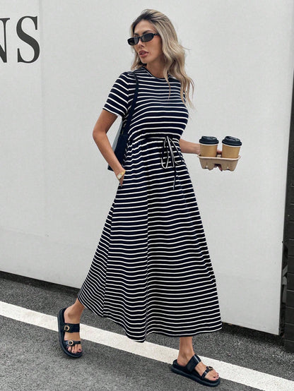 Siren Gaze Women Striped Crew Neck Short Sleeve Drawstring Waist Casual Midi Dress,Dresses For Women Summer Vacation Holiday Resort