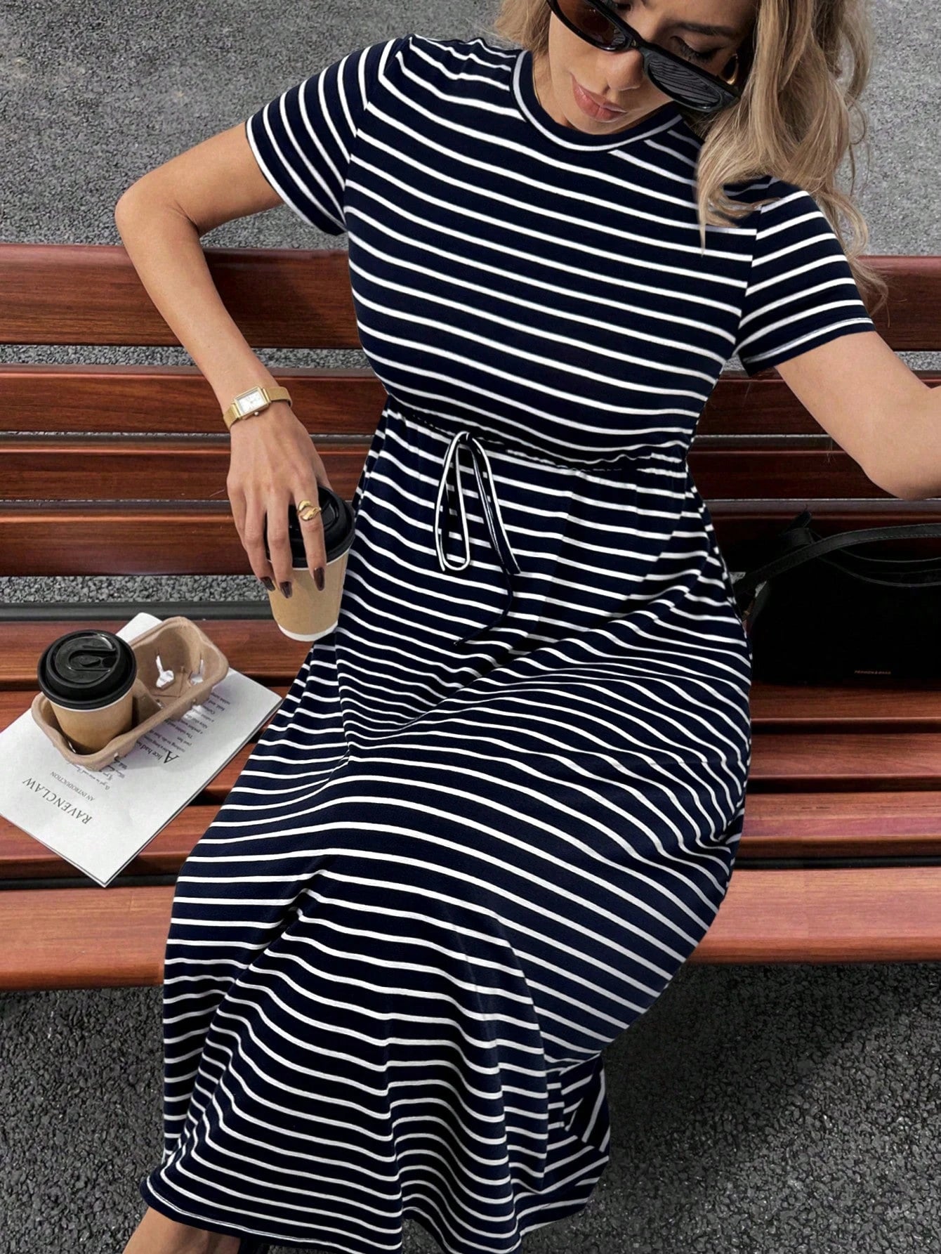 Siren Gaze Women Striped Crew Neck Short Sleeve Drawstring Waist Casual Midi Dress,Dresses For Women Summer Vacation Holiday Resort