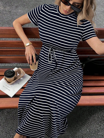 Siren Gaze Women Striped Crew Neck Short Sleeve Drawstring Waist Casual Midi Dress,Dresses For Women Summer Vacation Holiday Resort